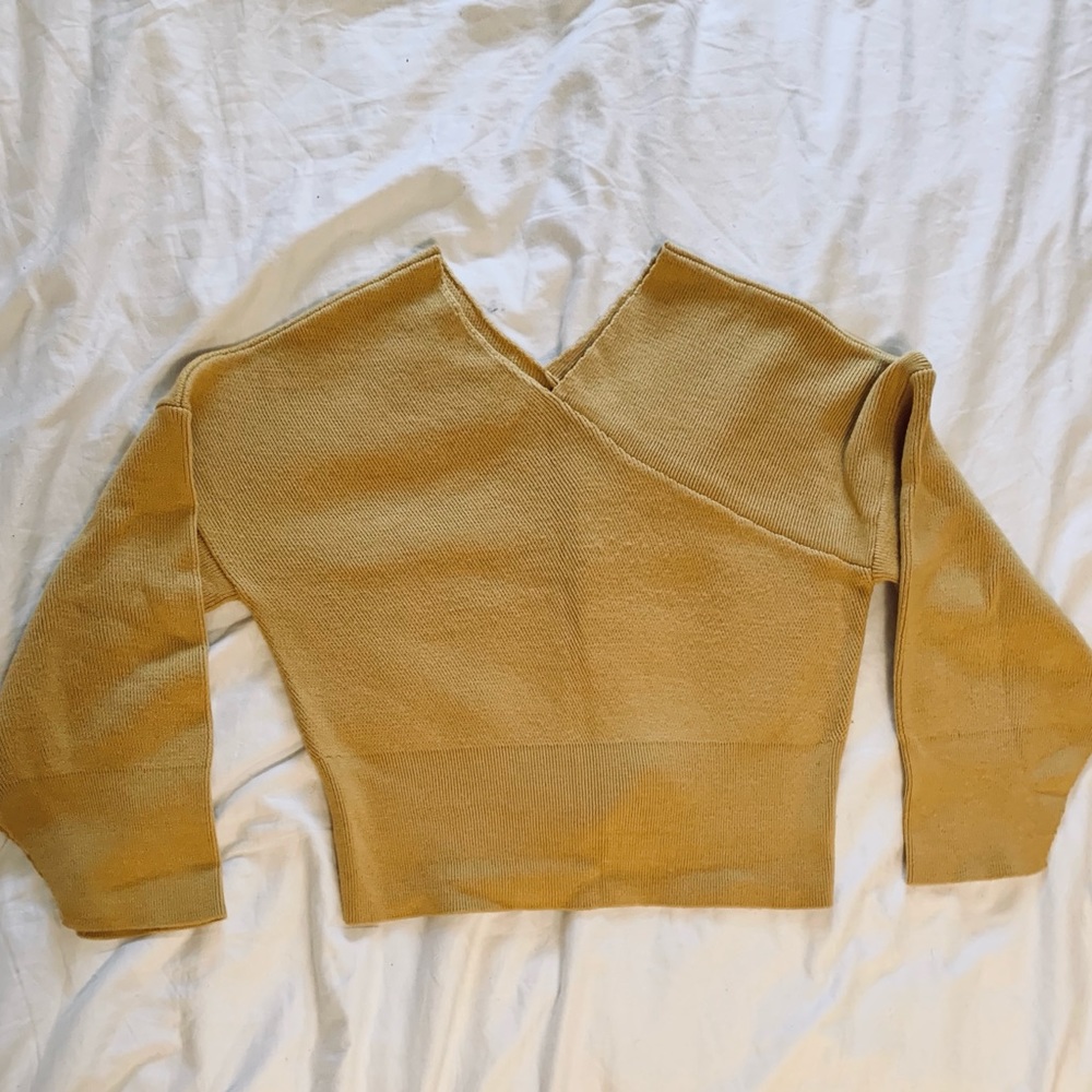 Mango Yellow V Neck Asymmetrical Sweater - Picture 5 of 7